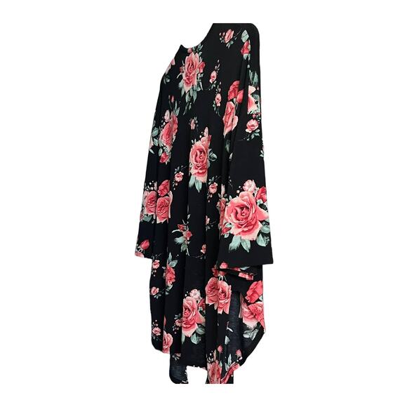 LIME N CHILI OPEN-FRONT CASCADING COVER-UP, WOMENS, M, BLACK W/PINK & GREEN ROSE - Picture 5 of 9